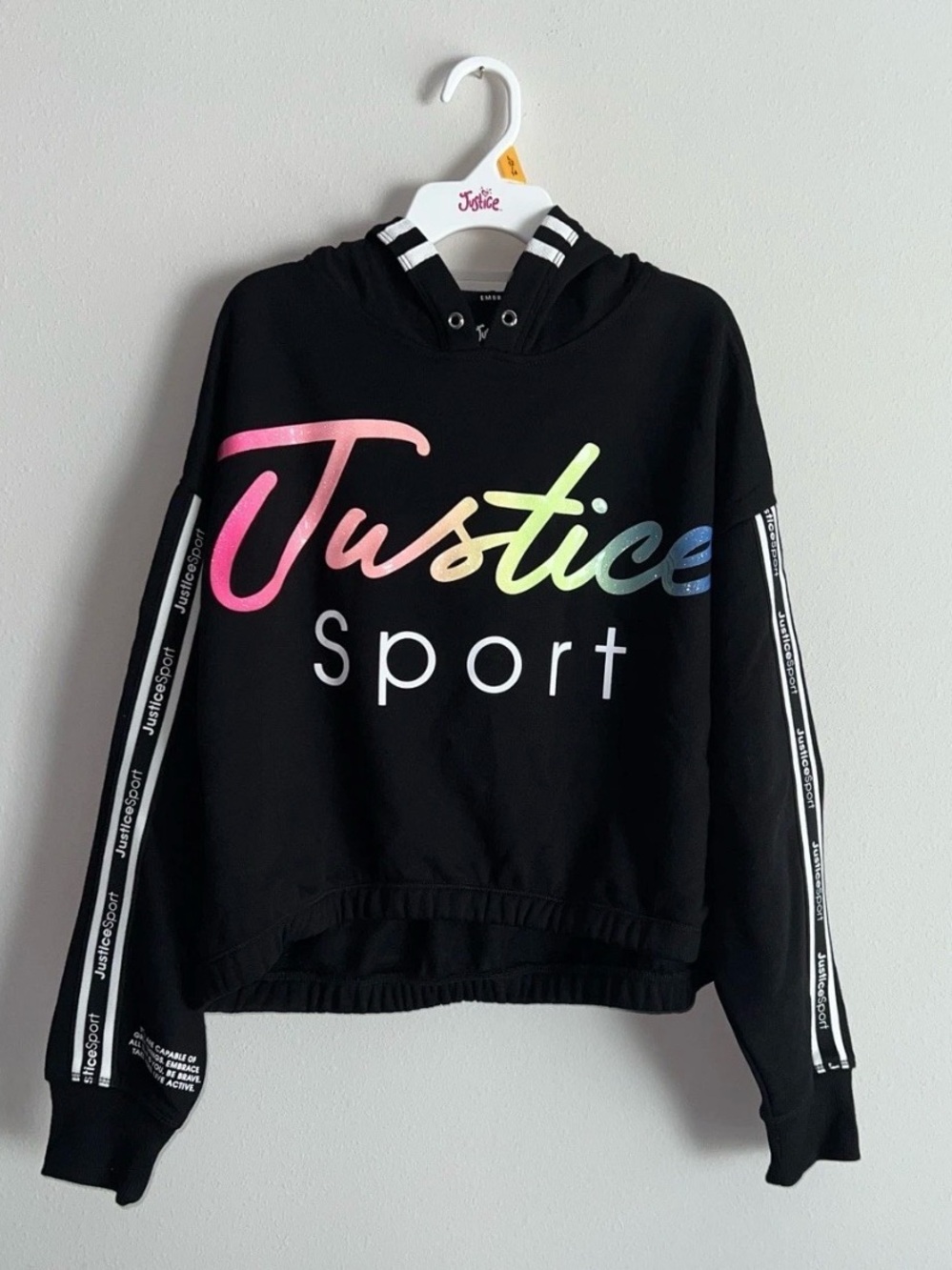 Justice Sport Girls Pullover Fleece Black Hoodie Glitter Logo Size L (12/14) NWT